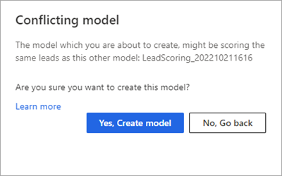 Captura de pantalla de la advertencia que se muestra cuando un modelo nuevo entra en conflicto con uno existente