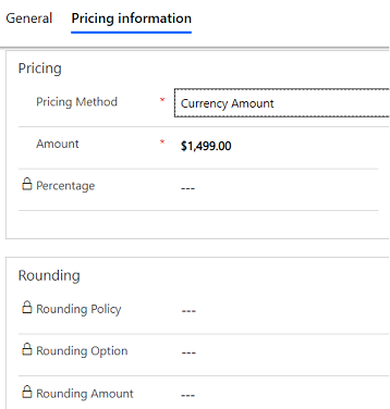 Pestaña de información sobre precios en el formulario Lista de precios.