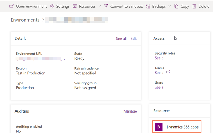 Seleccionar el recurso de aplicaciones de Dynamics 365.