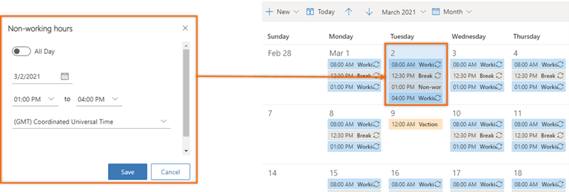 Captura de pantalla sobre cómo configurar horas no laborables para una cita.