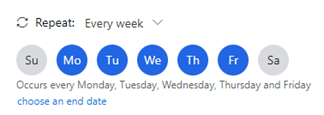 Captura de pantalla de las horas de trabajo configuradas para repetirse de lunes a viernes, pero no sábados ni domingos.