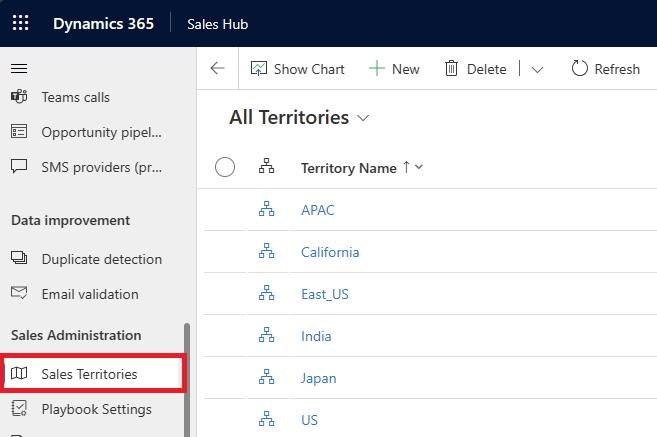 Captura de pantalla del menú Territorios de ventas en la configuración de la aplicación junto con la lista de territorios.