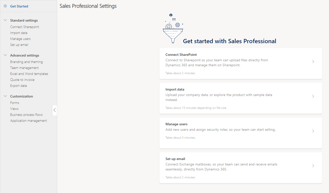 Captura de pantalla de la página Comenzar en Dynamics 365 Sales Professional.