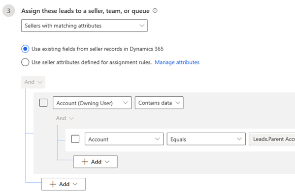 Captura de pantalla que muestra cómo agregar una condición para elegir la entidad relacionada con la cuenta usuario propietario con una cuenta igual a la cuenta primaria del cliente potencial.