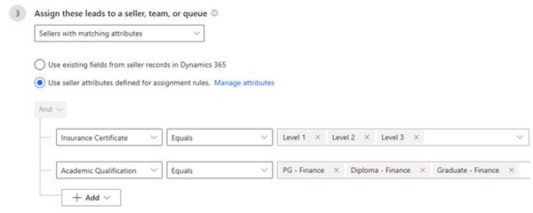 Captura de pantalla que muestra cómo agregar una condición para el seguro y la calificación académica.