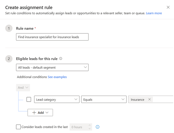 Captura de pantalla que muestra que agregar una condición con categoría de cliente potencial equivale a un seguro.