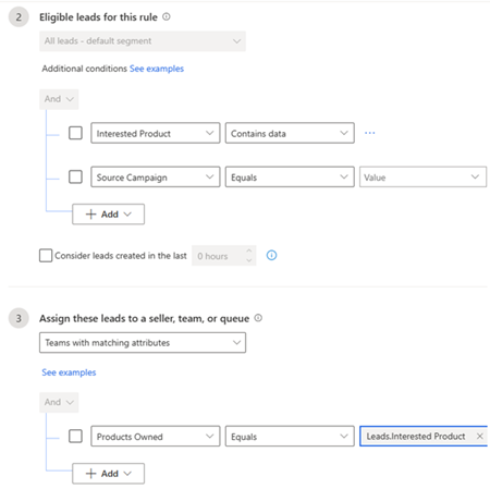Captura de pantalla que muestra las condiciones definitorias para asignar clientes potenciales generados a través de la campaña festiva anual a los equipos de producto.