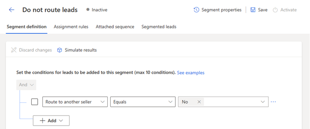 Captura de pantalla que muestra cómo agregar la condición para segmentar clientes potenciales que no se dirigen a otros vendedores.
