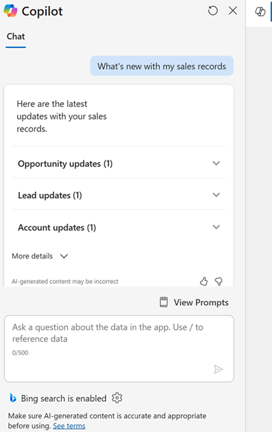 Captura de pantalla de la respuesta de Copilot sobre lo nuevo en mis registros de ventas.