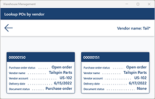 Recepción de compras utilizando la búsqueda de órdenes de compra por proveedor, ejemplo 2.