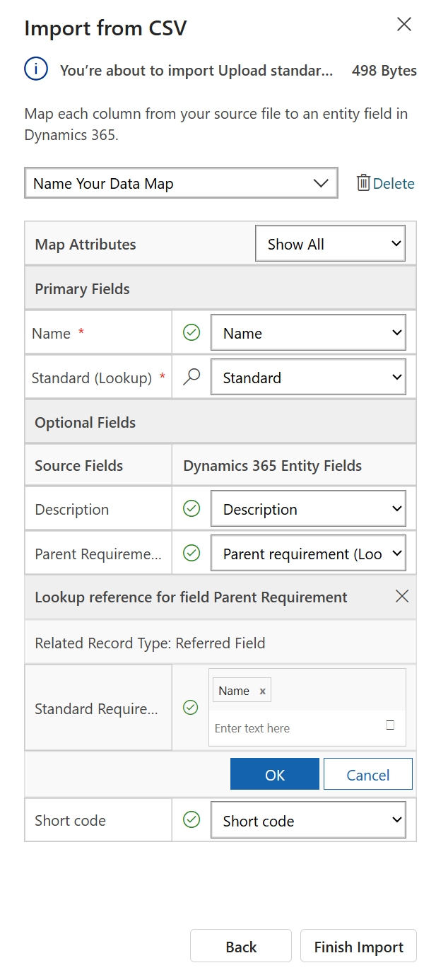 Captura de pantalla de la asignación de datos que se usará para importar desde un archivo CSV o Excel