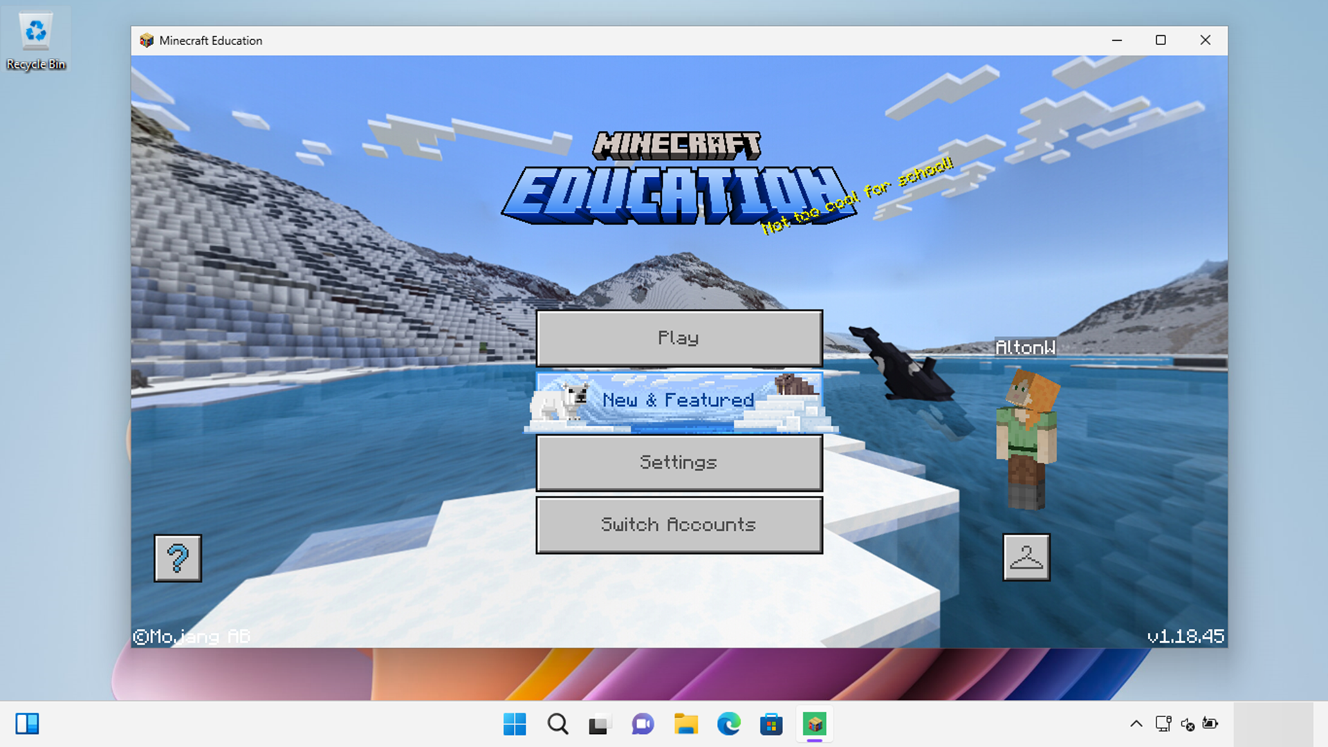 Captura de pantalla de Minecraft Education en ejecución en un dispositivo Windows 11.