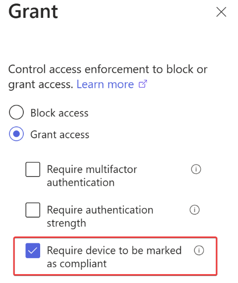 Captura de pantalla para la concesión de acceso en la directiva de acceso condicional que requiere un dispositivo compatible