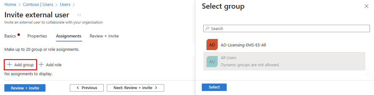 Captura de pantalla del proceso de asignación para agregar grupos.