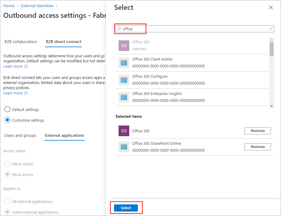Captura de pantalla que muestra la adición de aplicaciones externas para la conexión directa B2B saliente