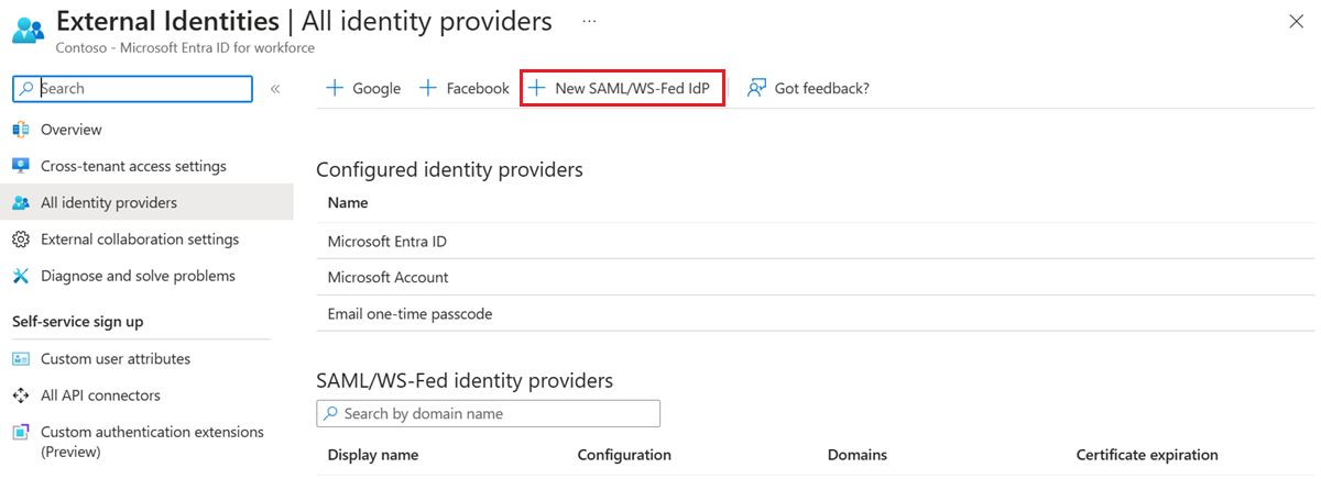 Captura de pantalla que muestra el botón para agregar un nuevo proveedor de identidades de SAML o WS-Fed.