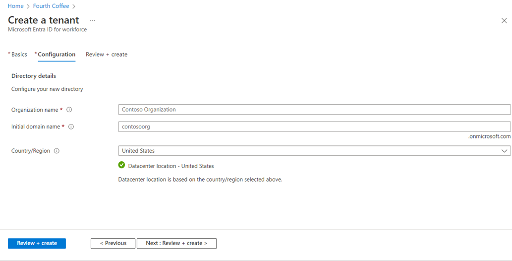 Captura de pantalla de Microsoft Entra ID: pestaña de configuración de la página de creación de un inquilino.