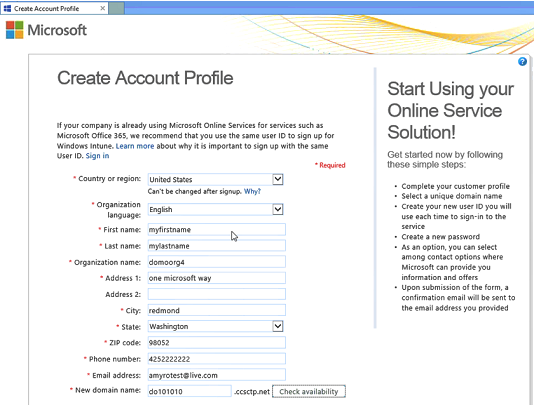 Captura de pantalla de la página Crear perfil de cuenta, con información de ejemplo.