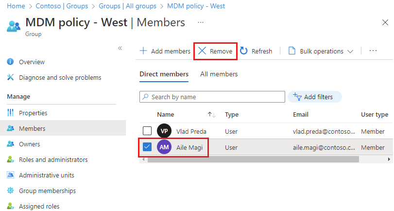 Captura de pantalla de los miembros del grupo con un nombre seleccionado y el botón Eliminar resaltado.