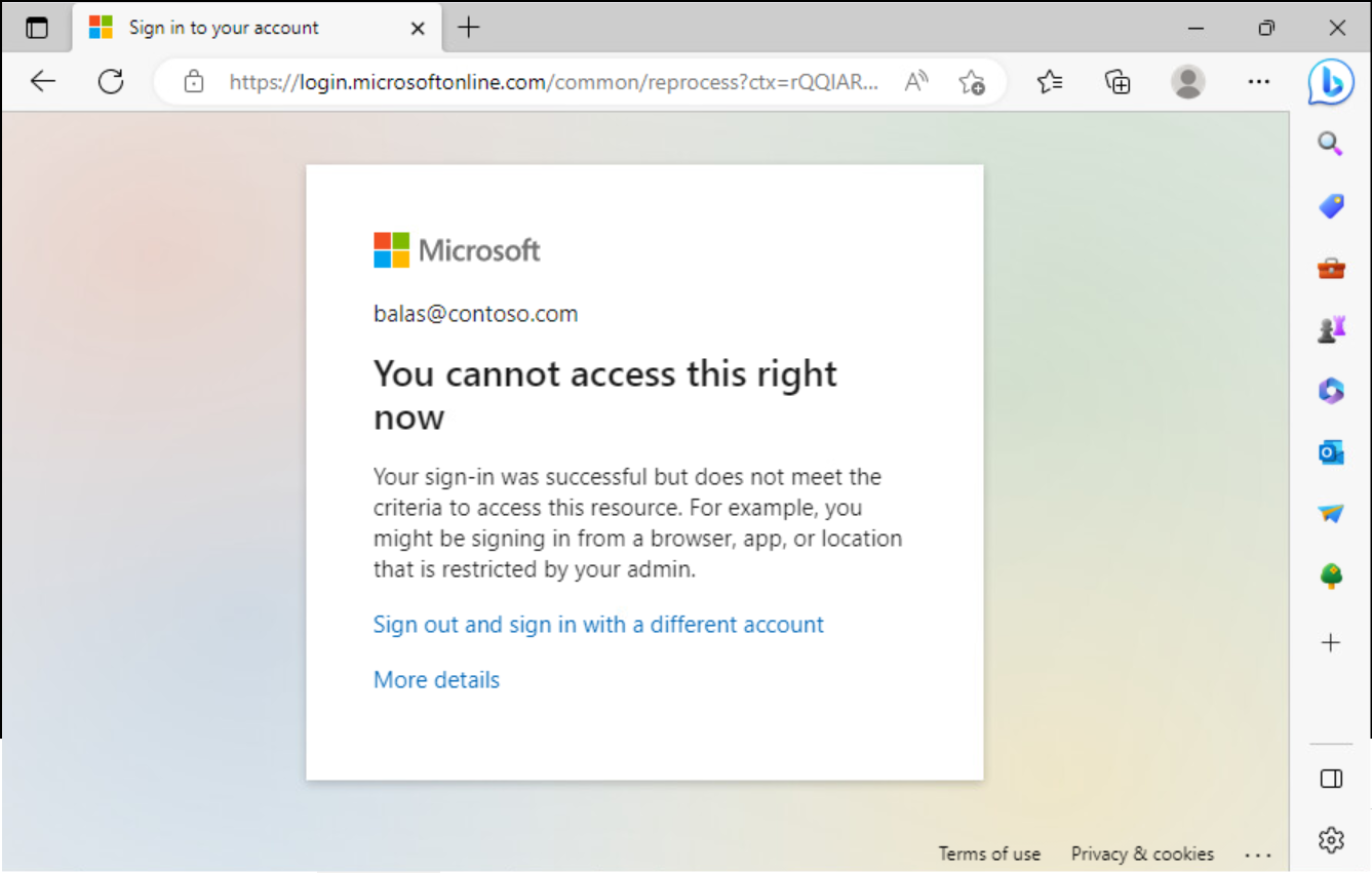 Captura de pantalla que muestra un mensaje de error en la ventana del navegador. No puede acceder a esto en este momento.