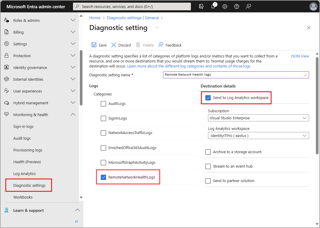 Captura de pantalla que muestra la página configuración de diagnóstico de Microsoft Entra.
