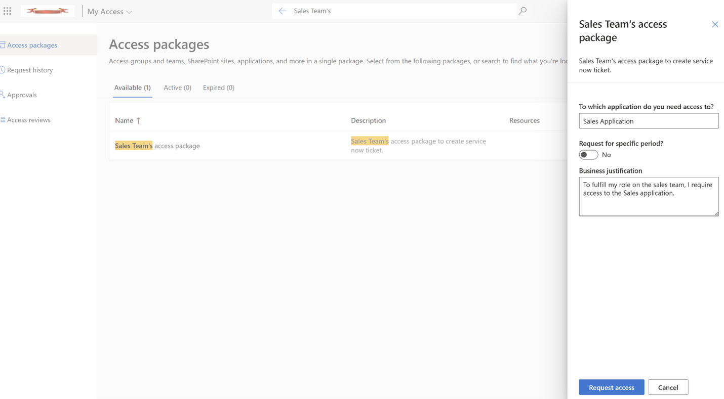 Captura de pantalla de la solicitud de un paquete de acceso.