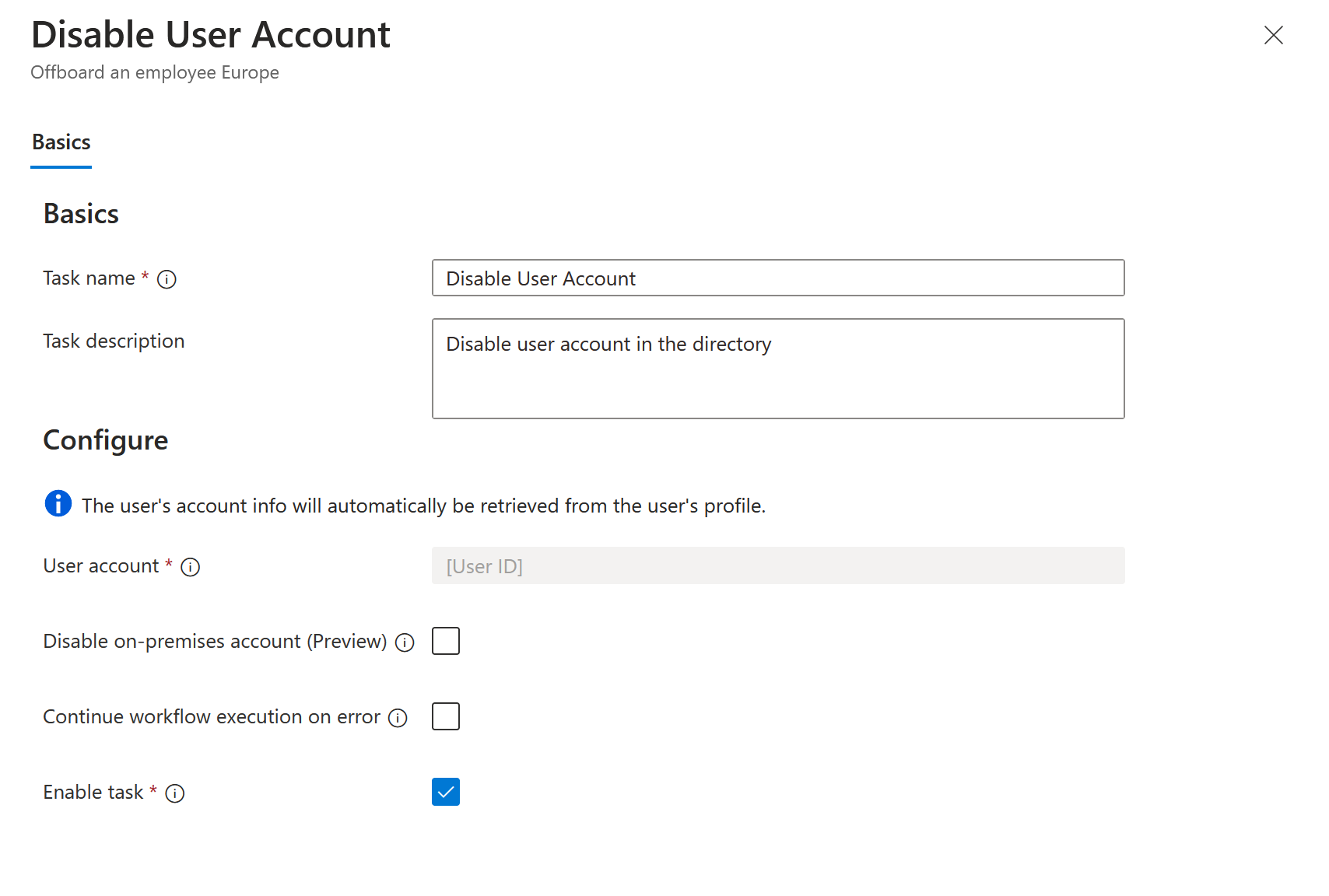 Captura de pantalla de la tarea de Flujos de trabajo: Deshabilitar la cuenta de usuario.