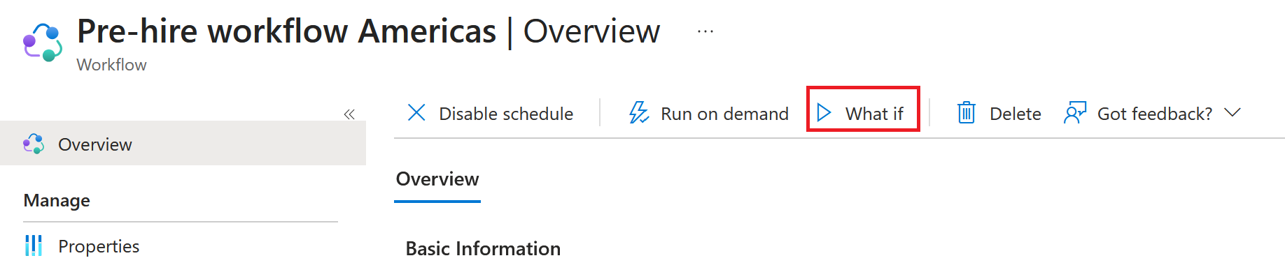 Captura de pantalla de la herramienta What if en una página de información general del flujo de trabajo.