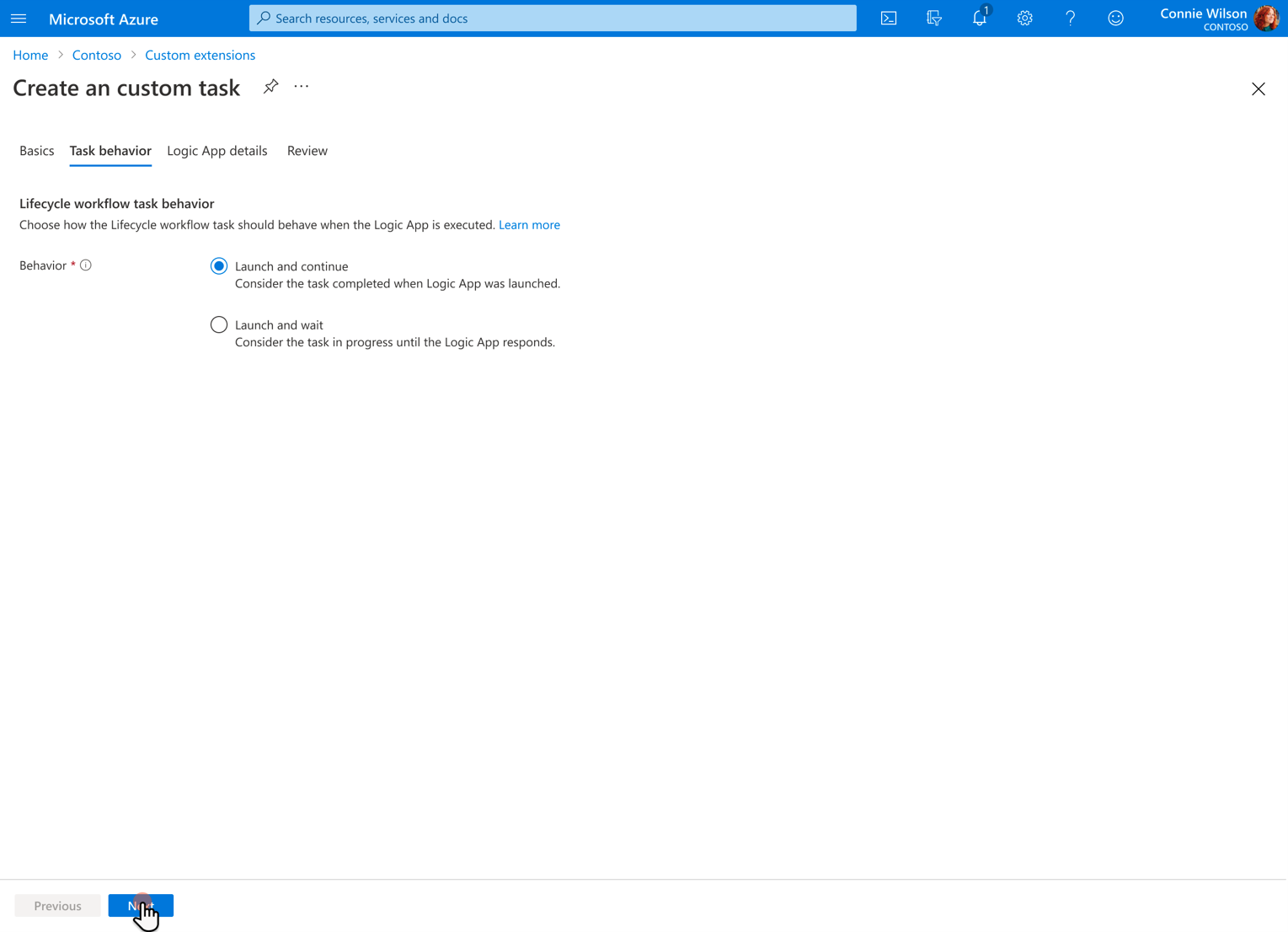Captura de pantalla para elegir el comportamiento de la tarea para la extensión de tarea personalizada.