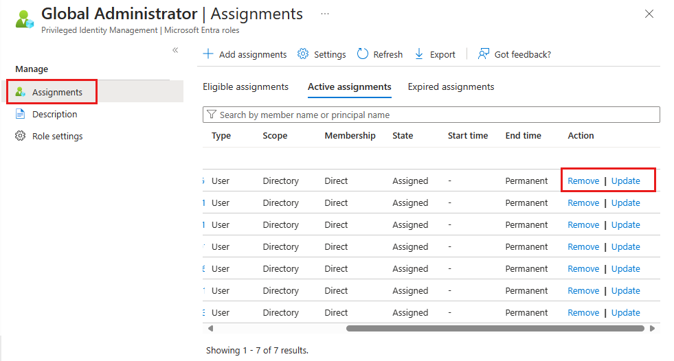 Captura de pantalla que muestra cómo actualizar o quitar la asignación de roles.