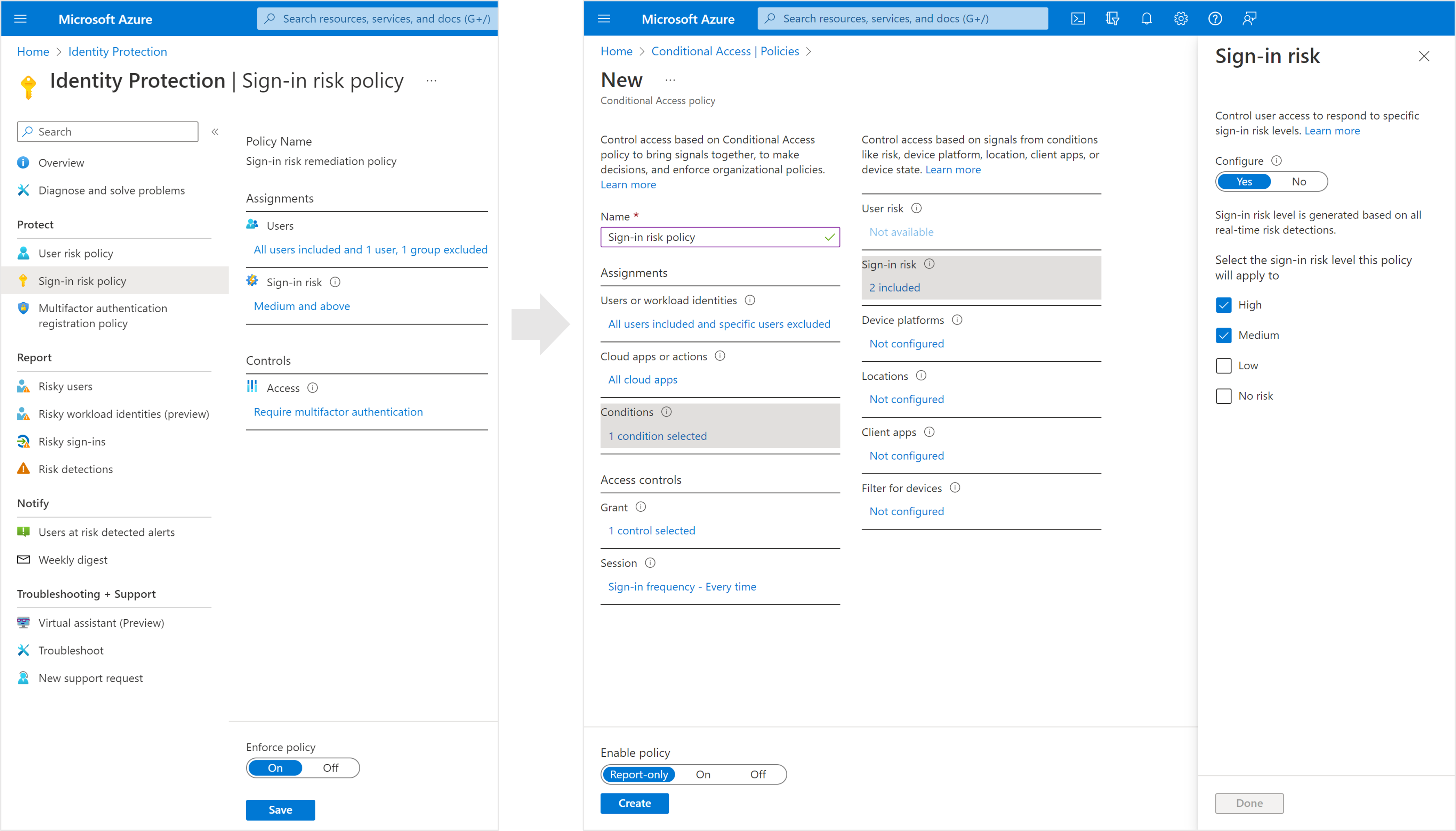 Screenshots showing the migration of a sign-in risk policy to Conditional Access.