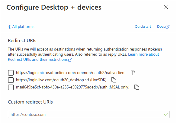 Captura de pantalla en la que se muestran el panel y las opciones de URI de redirección en la página Registros de aplicaciones.