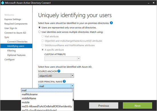 Captura de pantalla de la identificación de usuarios - lista desplegable de Nombre principal de usuario