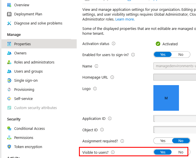 Captura de pantalla de la página de propiedades del Centro de administración de Microsoft Entra en la que se muestra el interruptor Visible para los usuarios.