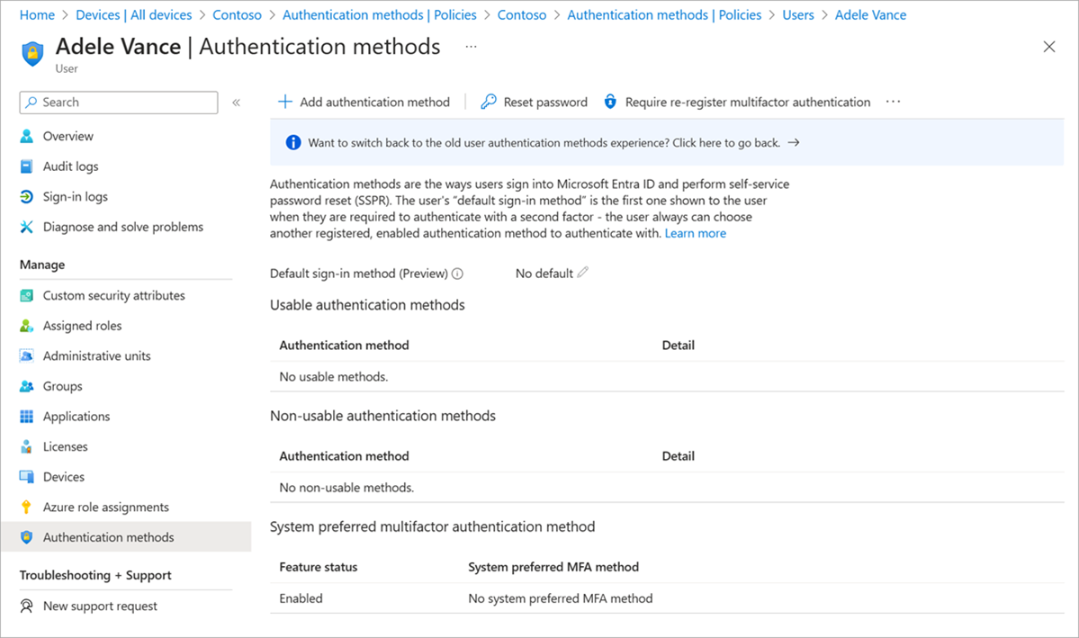 Captura de pantalla de métodos de autenticación no utilizables.