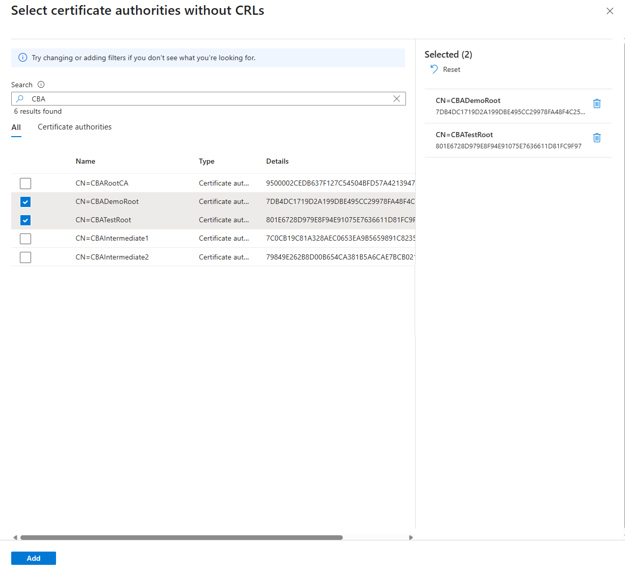 Captura de pantalla de las CA que están exentas de la validación de CRL.