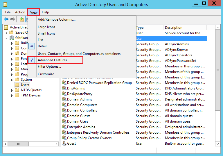 Los usuarios y equipos de Active Directory muestran las características avanzadas