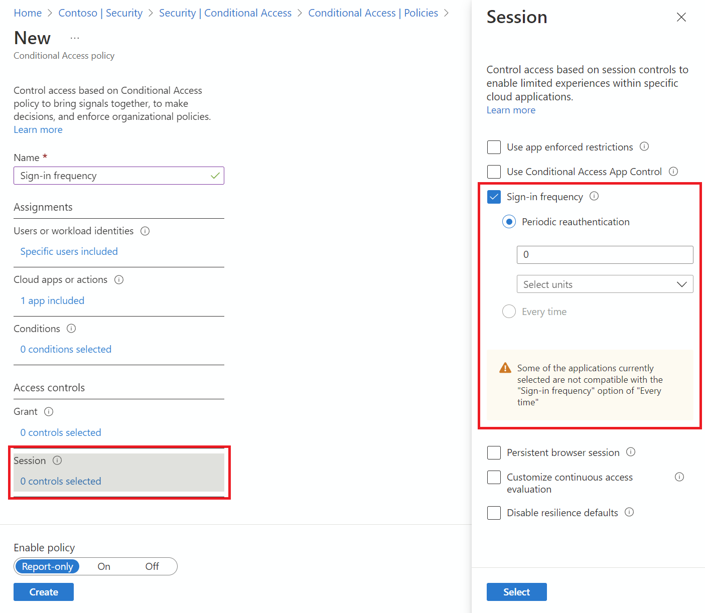 Conditional Access policy configured for sign-in frequency