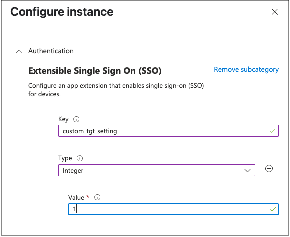 Captura de pantalla de la personalización de la configuración de Kerberos TGT para SSO.