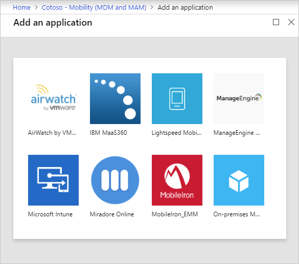 Screenshot of the Microsoft Entra ID Add an application page. Several M D M providers are listed.