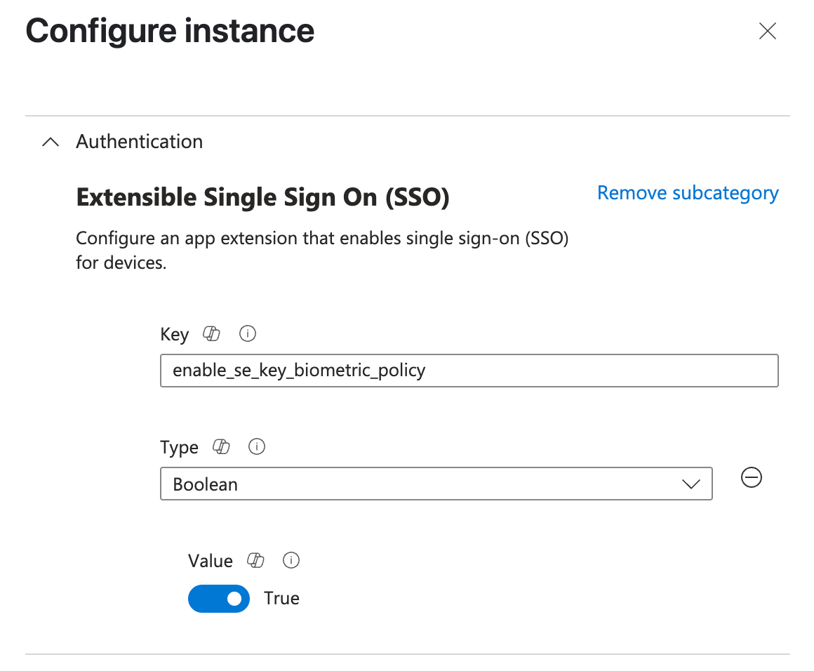Captura de pantalla de la configuración UserSecureEnclaveKeyBiometricPolicy en Microsoft Intune.