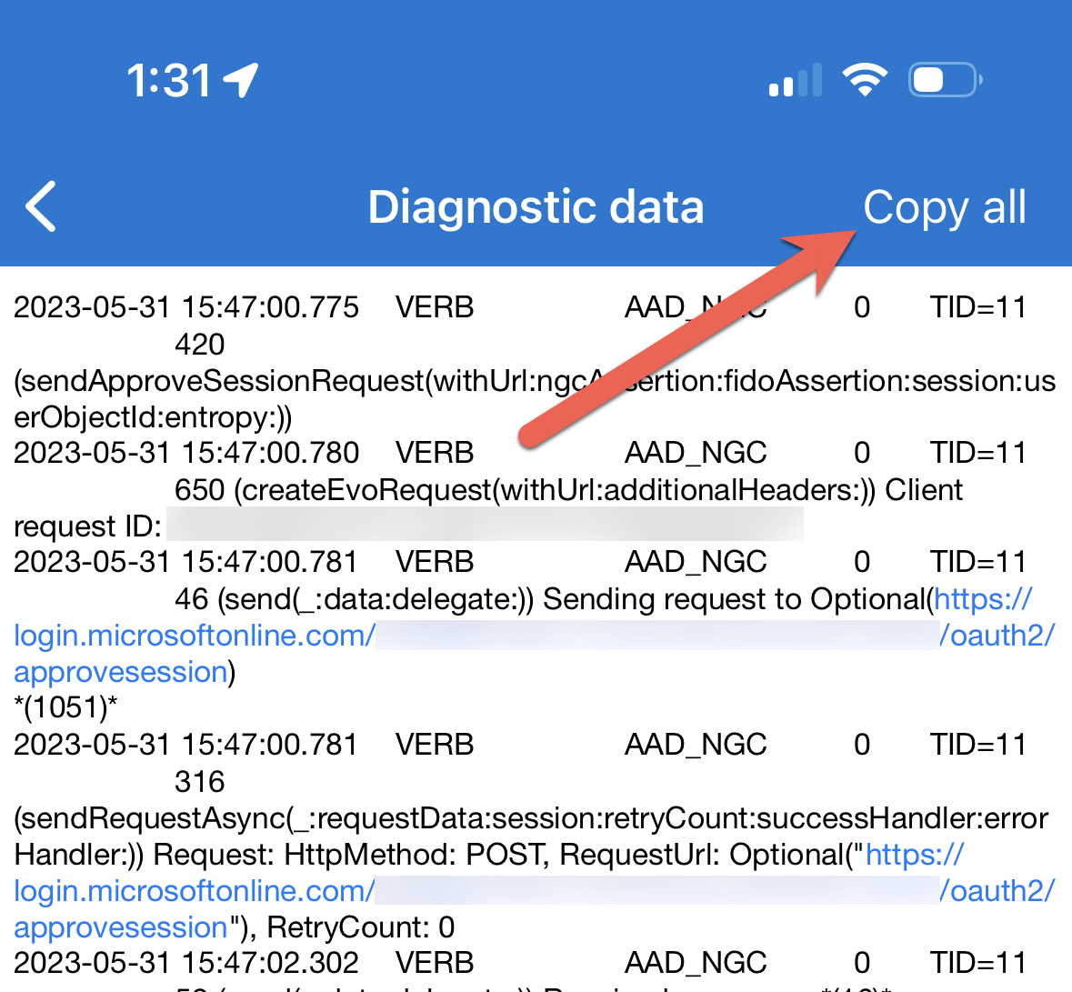 Captura de pantalla que muestra la opción Copiar todos los registros en la aplicación Microsoft Authenticator.