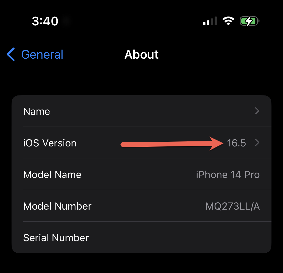 Captura de pantalla que muestra la versión de iOS en la aplicación de Configuración.