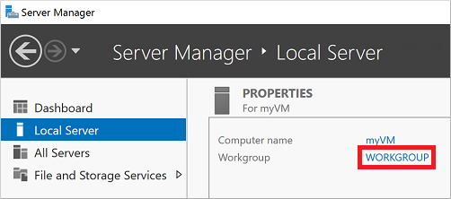 Abra Administrador del servidor en la máquina virtual y edite la propiedad del grupo de trabajo.