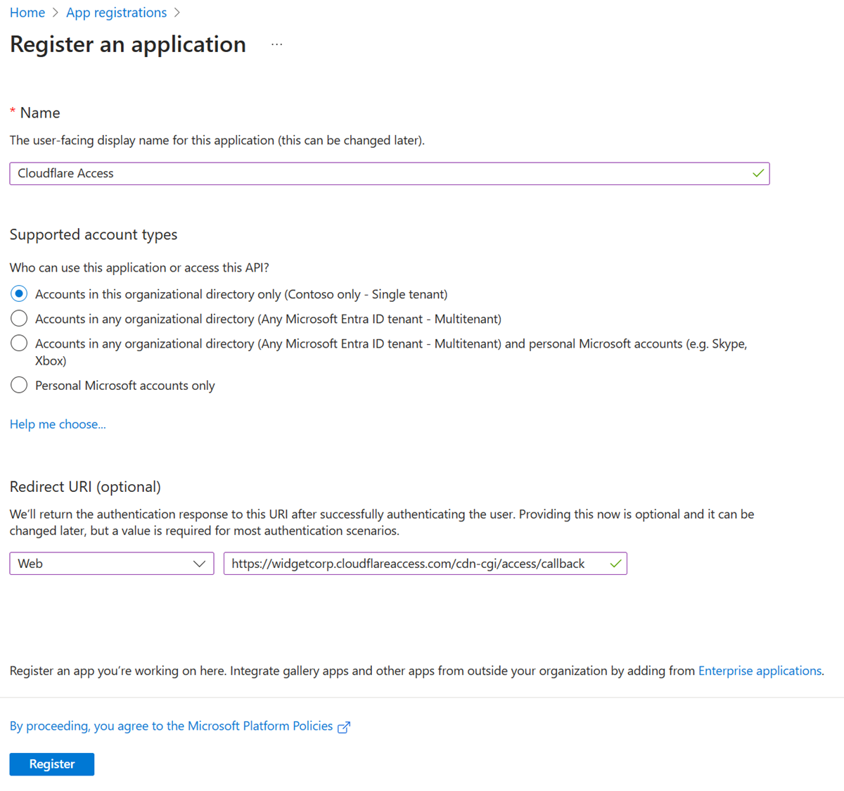 Captura de pantalla de las opciones y selecciones de Registrar una aplicación.