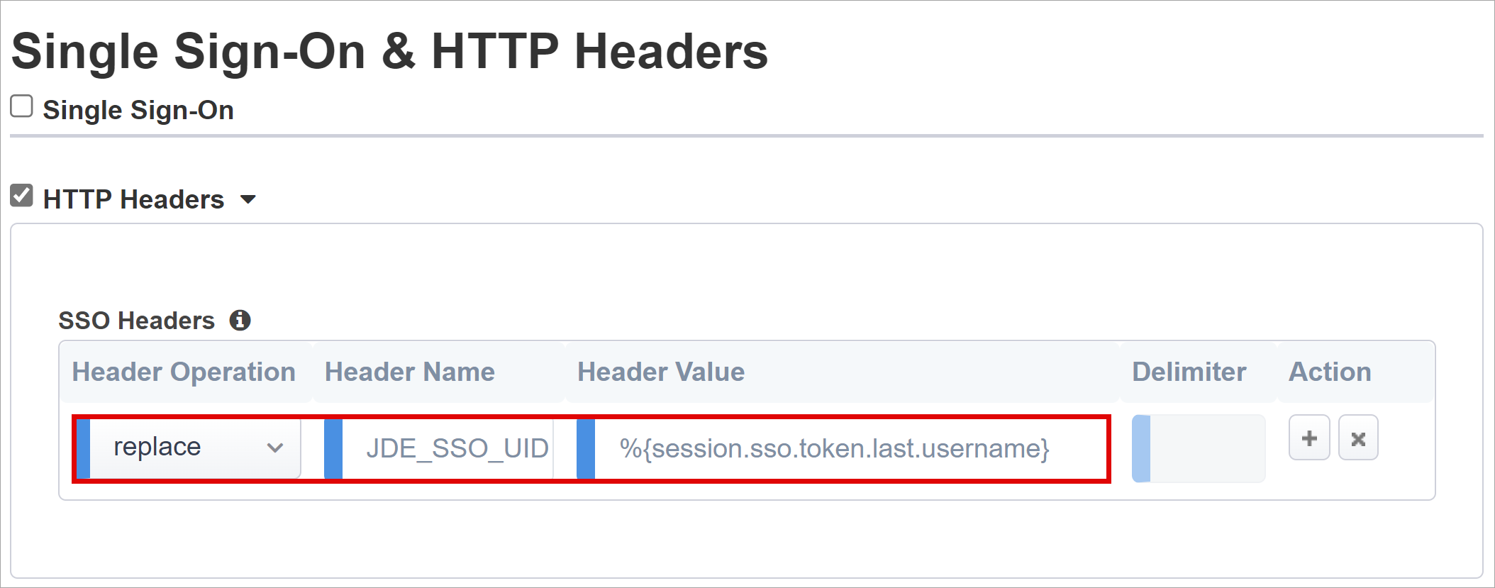 Captura de pantalla de las entradas operación de encabezado, nombre de encabezado y valor de encabezado en Inicio de sesión único y encabezados HTTP.