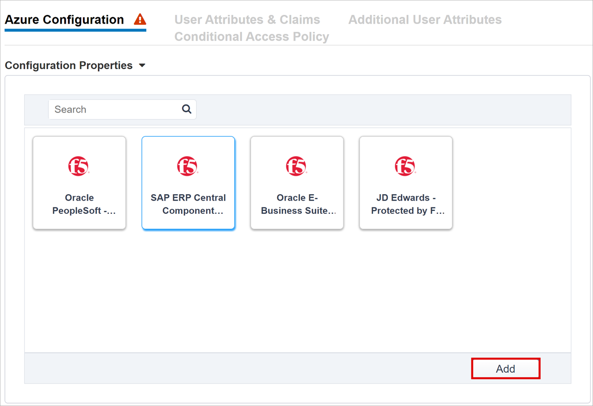 Captura de pantalla de la opción Componente central de SAP ERP en la configuración de Azure y el botón Agregar.