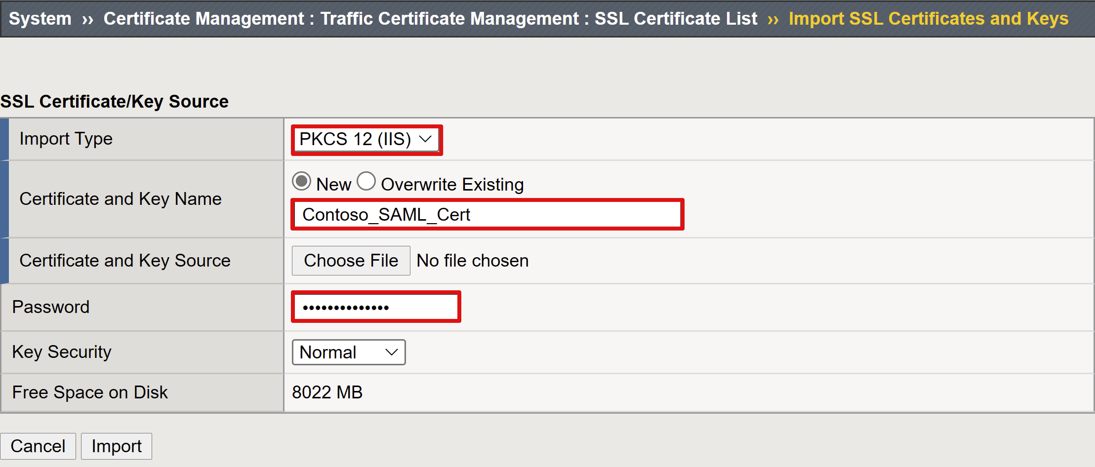 Captura de pantalla de las opciones y selecciones para Importar claves y certificados SSL.