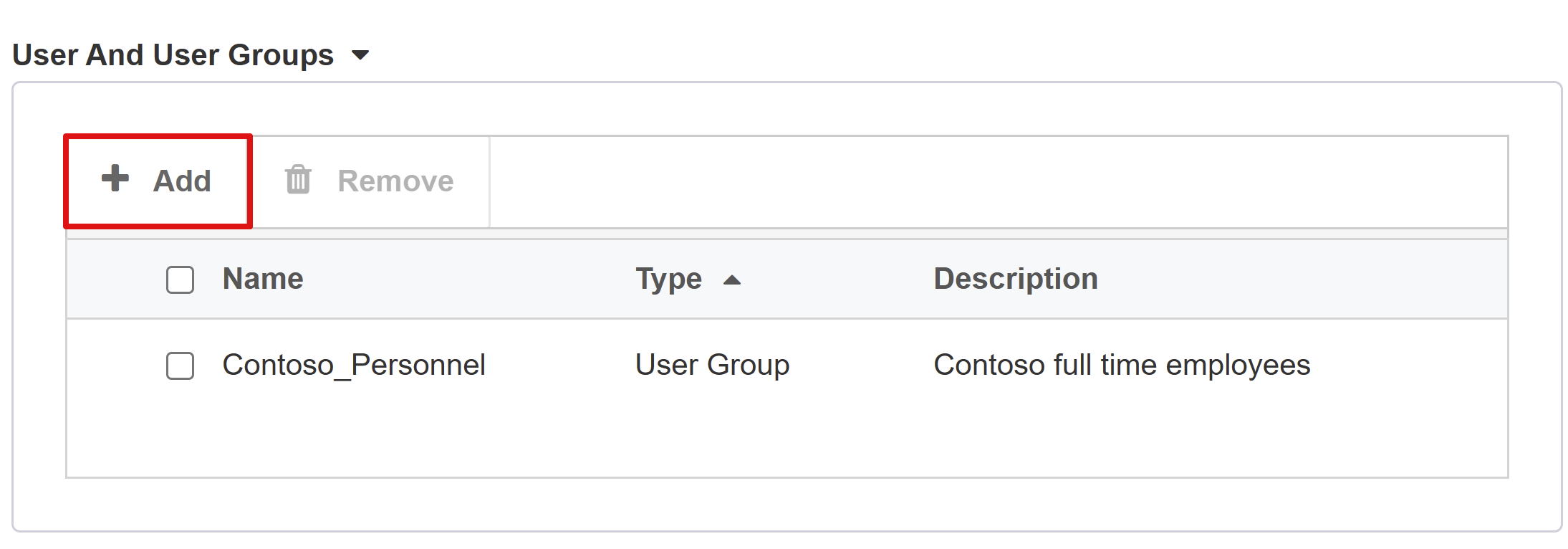 Captura de pantalla de la opción Add (Agregar) en Users And User Groups (Usuarios y grupos de usuarios).