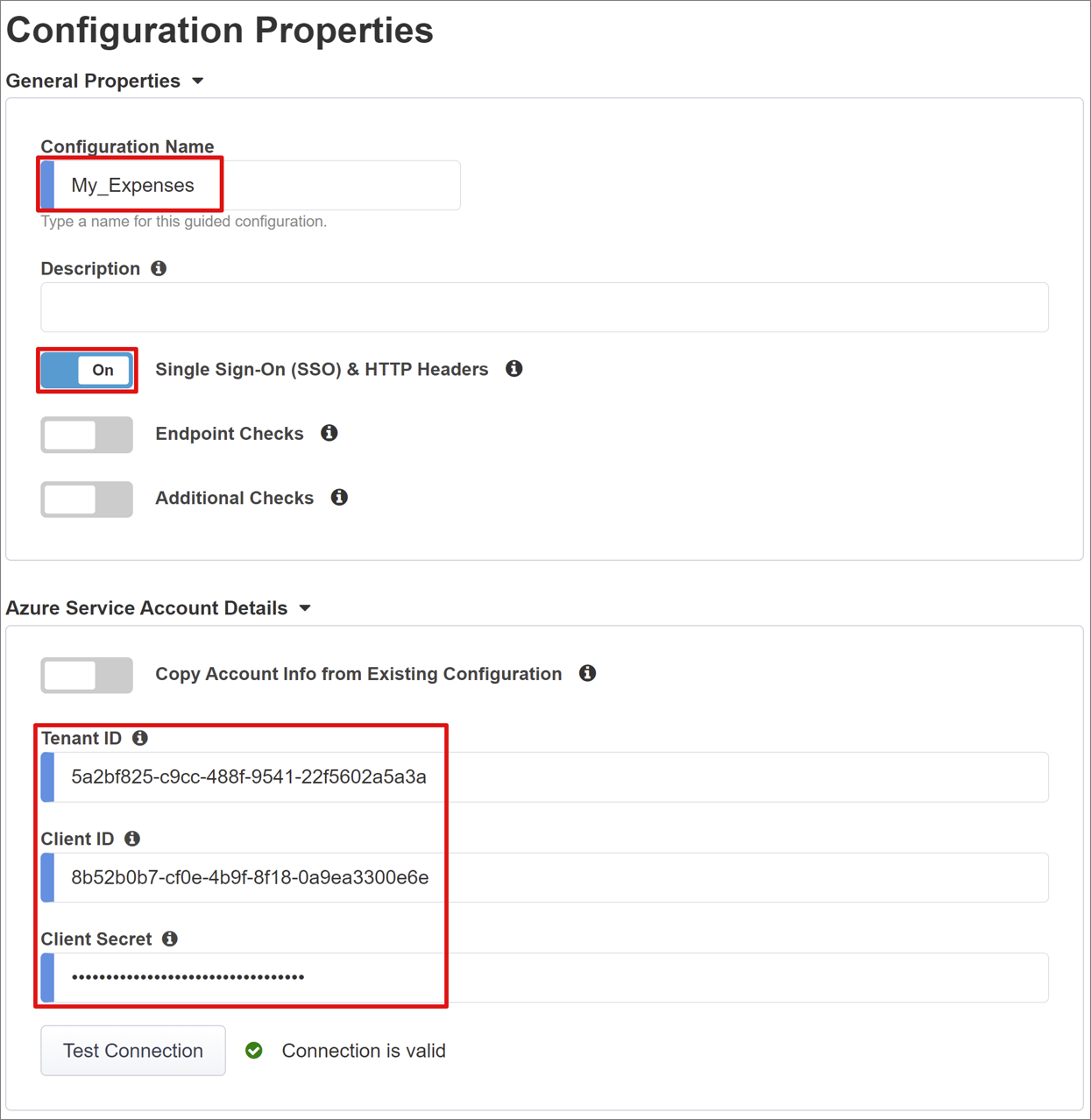 Captura de pantalla de las entradas Nombre de configuración, Encabezados de SSO y HTTP y Detalles de la cuenta de servicio de Azure.